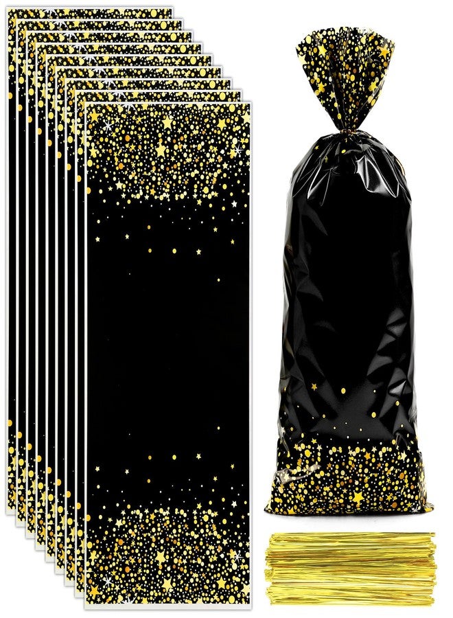 Linsuminn Black Gold Party Favor Bags, 100 PCS Black Gold Treat Bags, Plastic Star Dot Candy Cookie Goodie Gift Bag Holiday Snack Treat Bag with Gold Twist Tie for New Year Birthday Wedding Party Favor Supplies - Image 1
